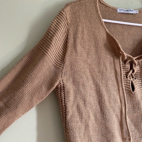 Cotton Emporium Tan Tie Front Sweater Sz L - Picture 5 of 5